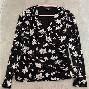 Worthington Black Floral Faux-Wrap Long-Sleeve Blouse